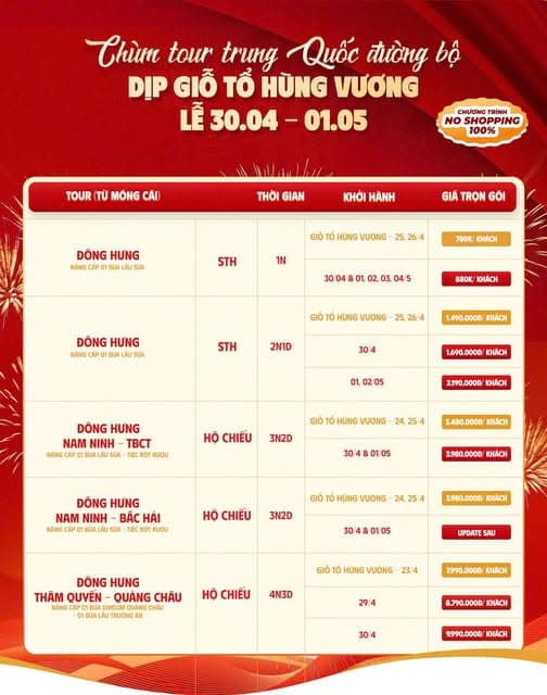 Lịch khởi hành tour lễ 30/4–1/5: Đông Hưng, Nam Ninh, Bắc Hải, Thâm Quyến, Quảng Châu