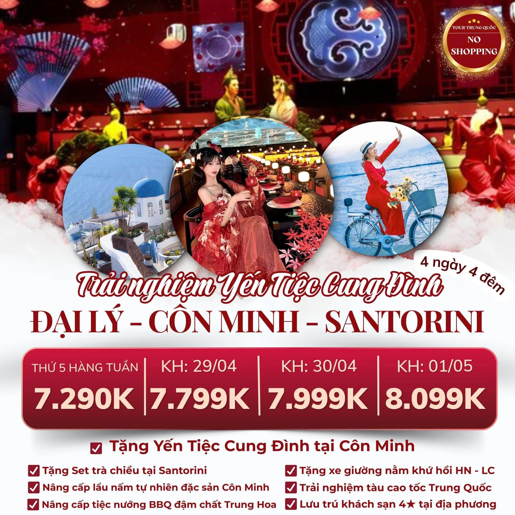 Đại Lý - Côn Minh - Santorini 4N4Đ được tặng thêm yến tiệc cung đình: cập nhật ưu đãi cho khách đang theo dõi tuyến này